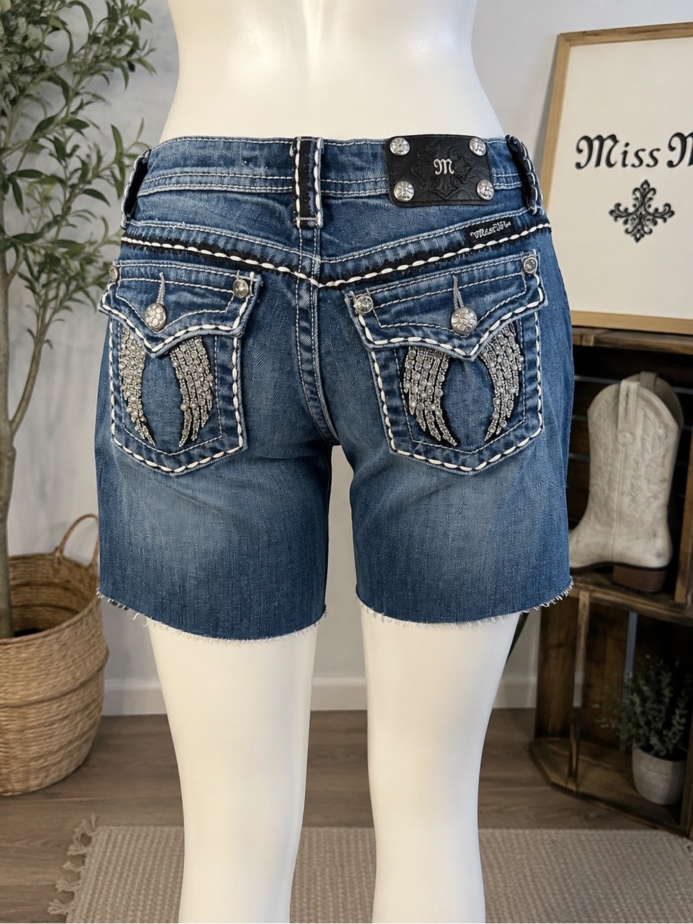 Miss Me Girls Size 14 Cutoff Bermuda Jean Shorts Rhinestone Wings Y2K